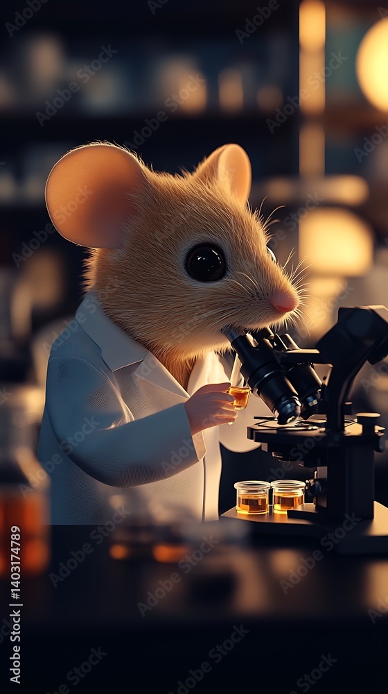 Poster Cute mouse scientist examining a liquid sample under a microscope in a laboratory setting : Generative AI
