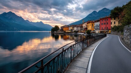 Scenic lakeside road along colorful buildings in Varenna, Italy, at sunset
