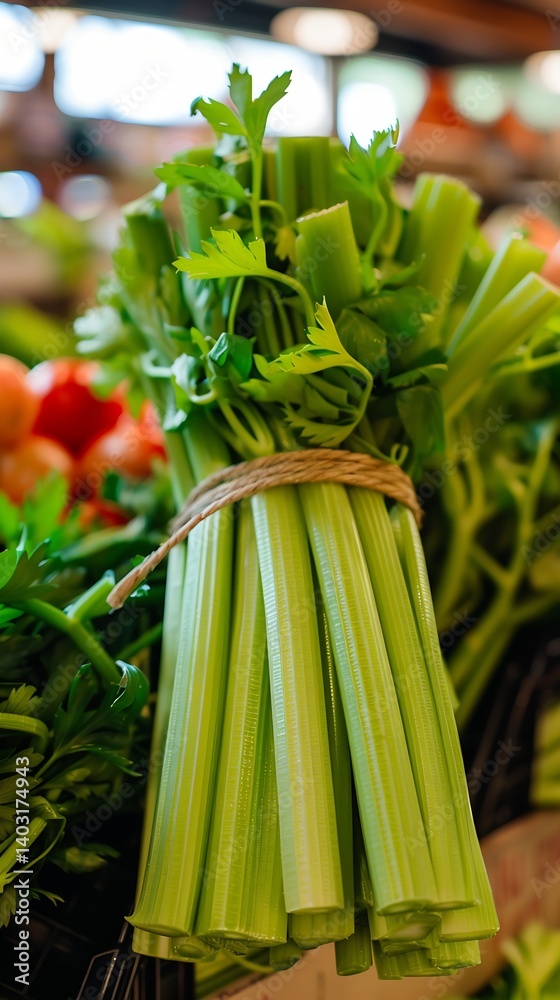 Poster Freshly harvested celery bunch arranged neatly on display in a vibrant market setting : Generative AI