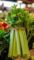 Obraz premium Freshly harvested celery bunch arranged neatly on display in a vibrant market setting : Generative AI