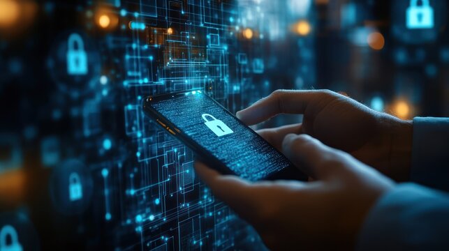 Secure mobile phone access, digital lock, night city backdrop, cybersecurity concept