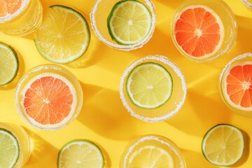 Obraz premium Colorful citrus slices and salt-rimmed glasses on vibrant yellow background