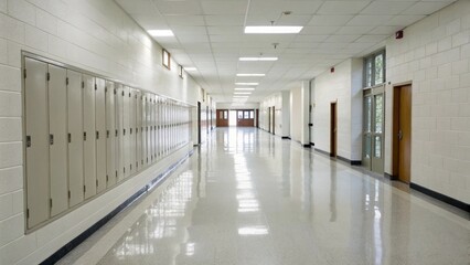Fototapeta premium Bright Clean School Hallway with Natural Light Through Windows Modern Educational Interior