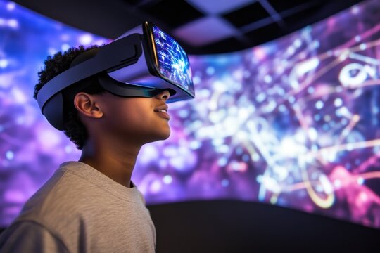 Child exploring virtual reality in an interactive exhibit at a technology center
