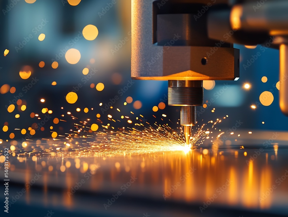 Poster High precision laser cutting machine in action creating bright sparks in workshop : Generative AI