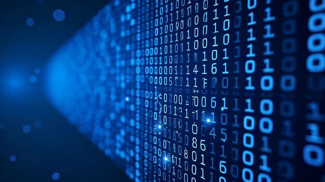 Glowing binary code pattern with blue tones and depth effect on dark background, representing data flow and digital communication concept