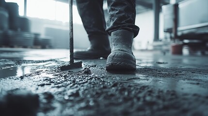 Concrete worker smoothing cement on factory floor. Featuring focus and technique