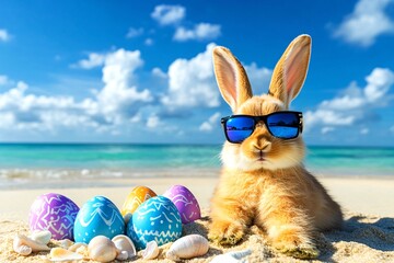 Cute Easter Bunny in Sunglasses on a Tropical Beach