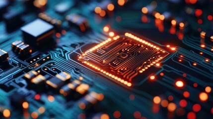 Fototapeta premium Glowing CPU on Circuit Board, Tech Background, Data Processing