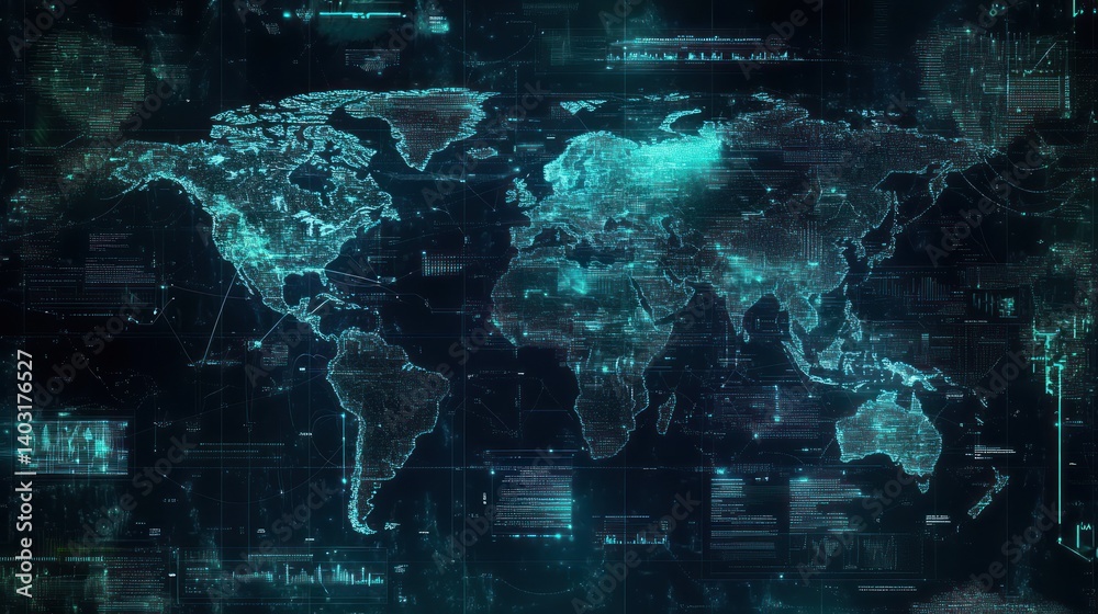 Poster digital world map with data visualizations and effects