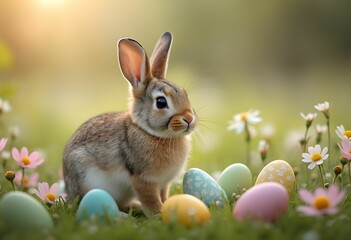 Spring Bunny in Flower Field Scene