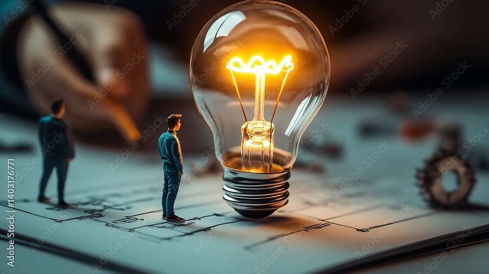 Aufkleber miniature figures analyzing light bulb innovation in creative workspace : generative ai