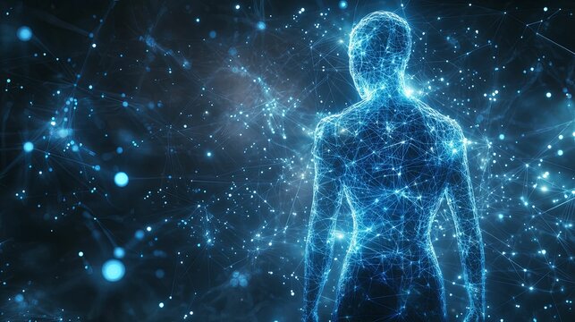 A digital representation of a human form connected by a network of luminous lines and dots.