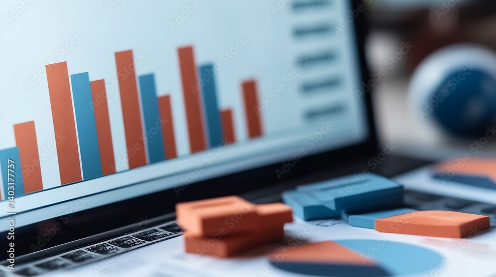 Poster Laptop Displaying Colorful Data Visualizations with Bar and Pie Graphs for Business Analysis : Generative AI