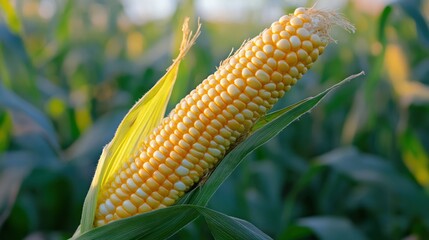 Ripe corn cob in field, sunset glow, agriculture harvest