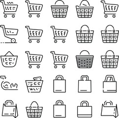 Create a Set of 30 outline icons related to shopping cart, shopping basket, shopping bag. Linear icon collection. Editable stroke. Vector illustration .