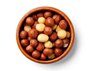 Wooden bowl filled with hazelnuts closeup on a white background