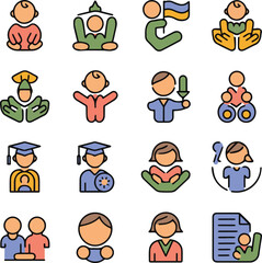 Create a Set of line icons related to child care, international children day, kid rights, parenthood. Outline icon collection. Editable stroke. Vector illustration. 