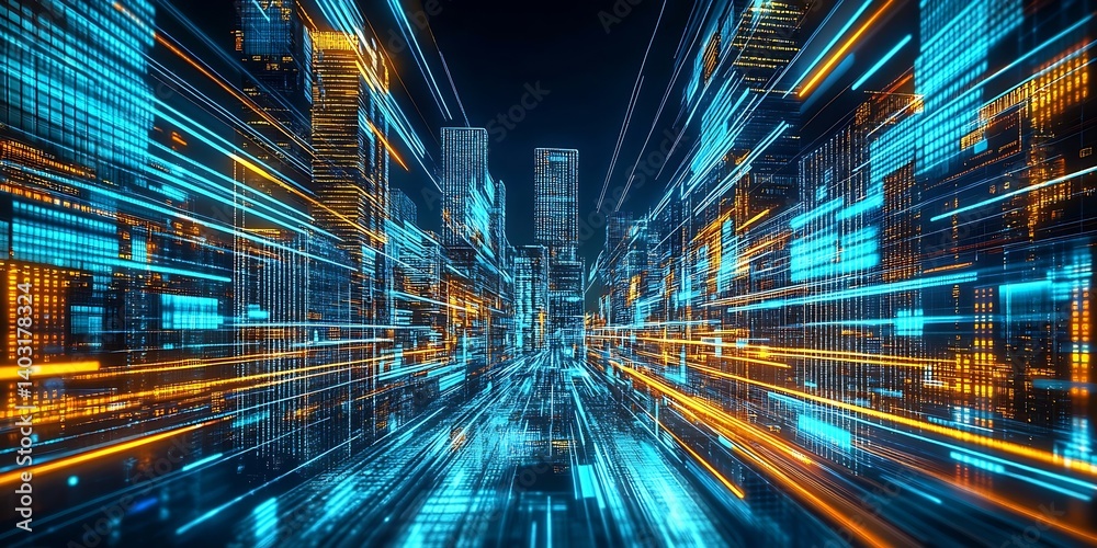 Aufkleber futuristic digital cityscape with glowing lines and skyscrapers in a vibrant neon blue and orange co