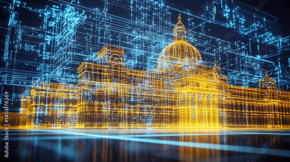 Poster Elegant historical building outlined with glowing circuit lines in digital style : Generative AI