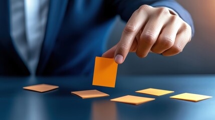 Hand Selecting Yellow Sticky Note on Table in Business Environment