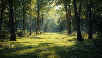 Obraz premium Sunlight streams through a serene forest pathway.