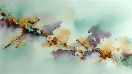 Dreamlike abstract ink diffusion, streaks of dusky violet and pale apricot over soft turquoise bursts, cloud-like clusters expanding left to right