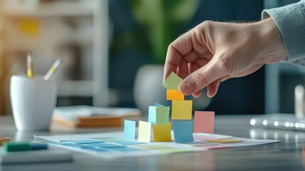 Creative Hand Stacking Colorful Sticky Notes on a Desk Surface