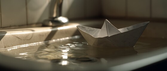 A small paper boat floats serenely in a shallow sink filled with calm water, reflecting soft bathroom lighting.