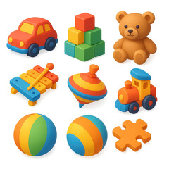 3d toy icons set: car, bear, train, spinning top, blocks, and more in vibrant colors