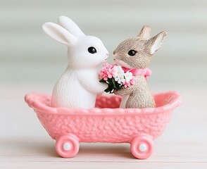 Adorable Bunny Couple in Pink Wagon with Flowers
