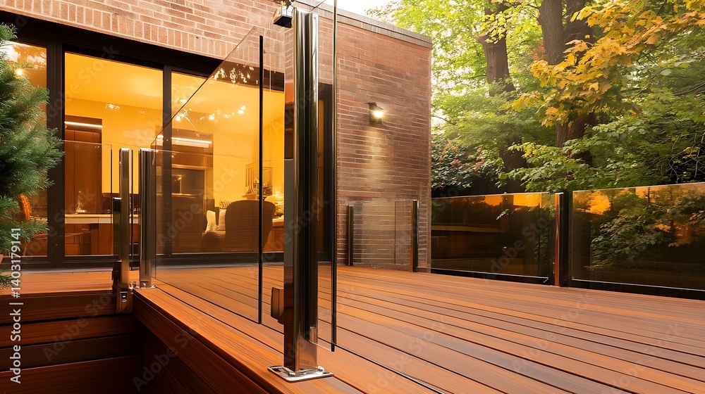 Poster stylish wooden deck featuring clear glass railing with a view of vibrant trees in autumn colors : ge