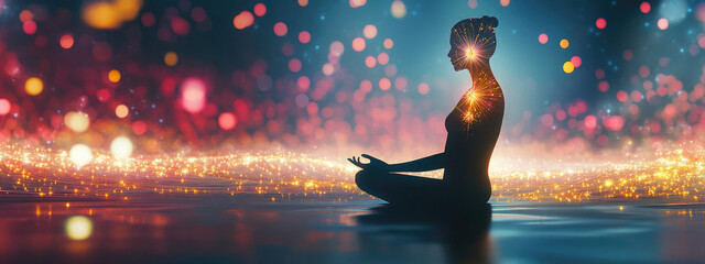 Inner Light: A woman meditates, radiating ethereal energy amidst a breathtaking cosmic landscape of shimmering lights and vibrant bokeh.