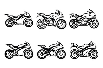 Set of dynamic motorbike rider line art vector icon illustration on white background.