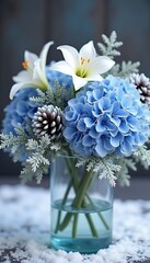 Bouquet of blue and white flowers in a vase
