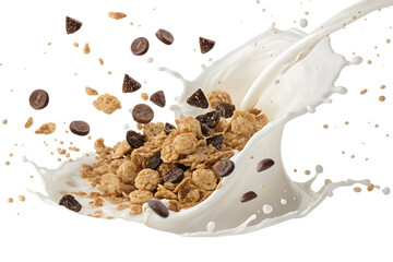 falling or floating oat granola with milk splash and chocolate on isolated transparent background.png