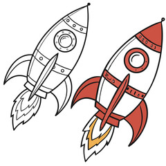 cute coloring book Rocket with color version. Adobe Illustrator Artwork