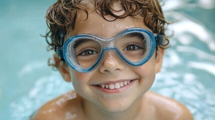 Fototapeta premium Smiling child in goggles, pool