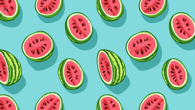 Looping pattern of whole and sliced watermelons on a blue background.