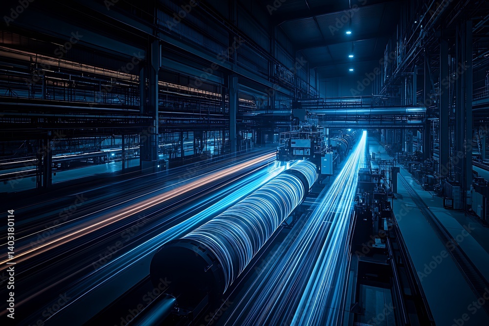 Aufkleber high-speed movement of machinery in a blue industrial environment highlighting engineering excellenc