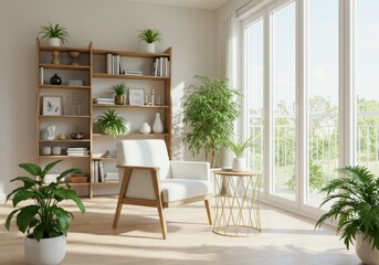 Bright living room with bookcase chair and plants near large windows letting in natural light