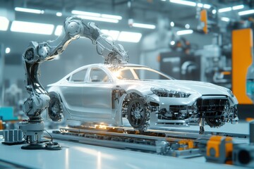 Robotic arm assembling a sedan in a modern automotive production facility
