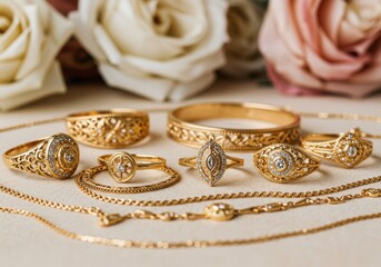 Naklejka premium Elegant gold jewelry collection featuring rings bangles and chains displayed with floral backdrop