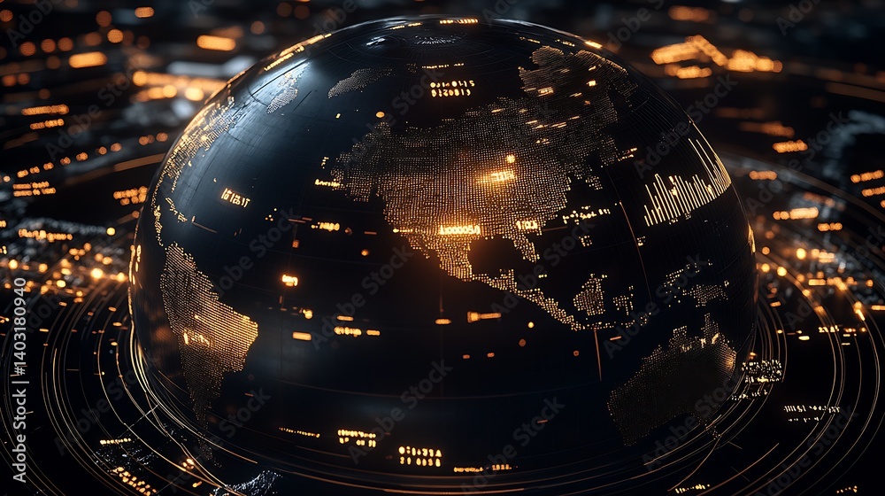 Poster High-Tech Globe Display with Illuminated Data Fields Depicting Geographical and Digital Connectivity : Generative AI