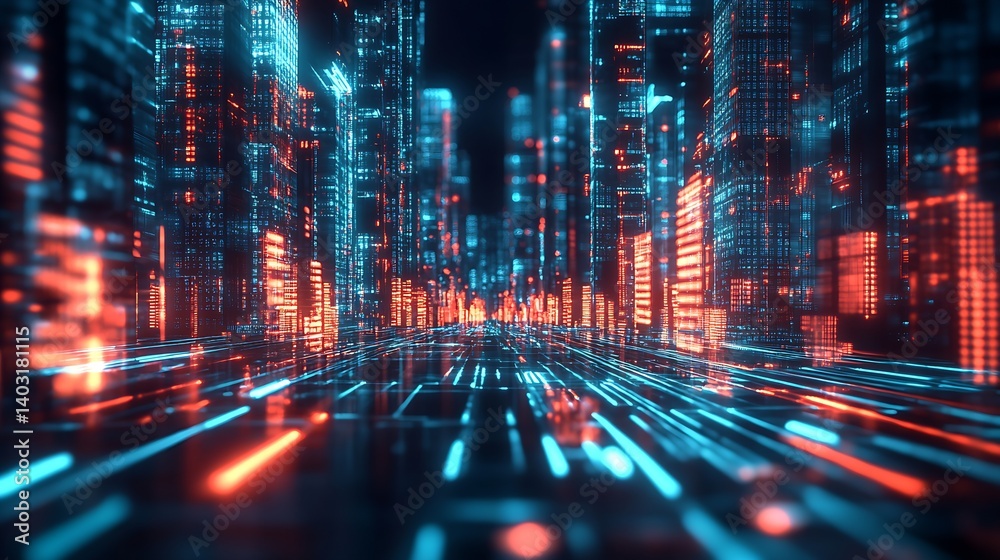 Leinwandbilder dynamic urban skyline featuring a blend of bright neon lights and shimmering digital effects in a fu