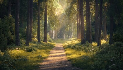 Fototapeta premium Sunlight filtering through a tranquil forest path.