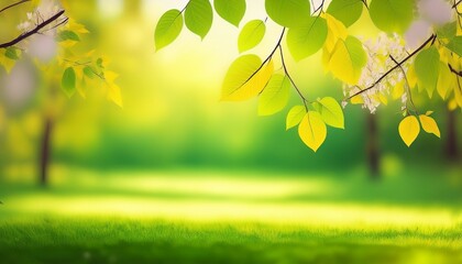 Obraz premium beautiful green leaves and blooming trees in a spring park on a bright sunny day natural colorful background banner with copy space generated ai