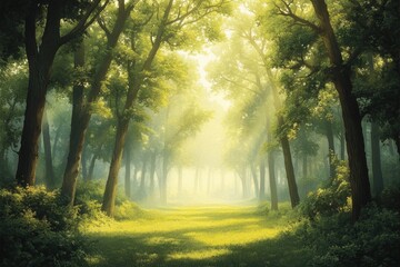 Naklejka premium Lush forest path bathed in golden sunlight.