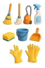 3d cleaning tools icons set: mop, broom, vacuum, spray bottle, sponge, bucket, dustpan, gloves