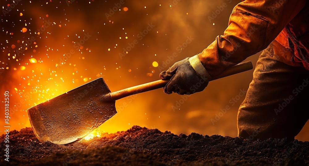 Fototapete Close-up of a worker using a shovel to move molten material in a dynamic and heated setting : Generative AI